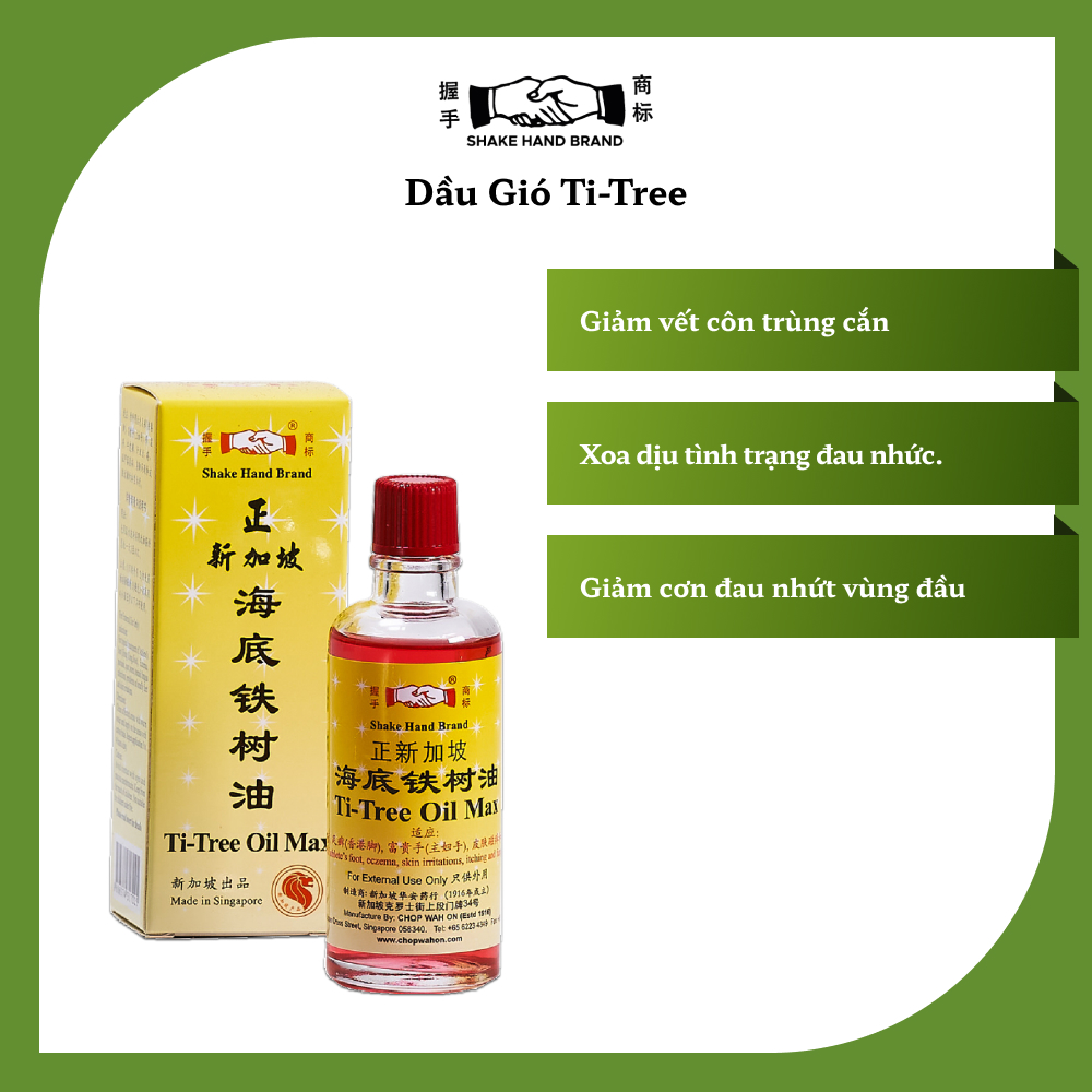 Dầu gió Singapore Shake Hand Ti-Tree chiết xuất cây trà hỗ trợ các vấn đề da như nấm, chàm, vảy nến & mùi hôi chân
