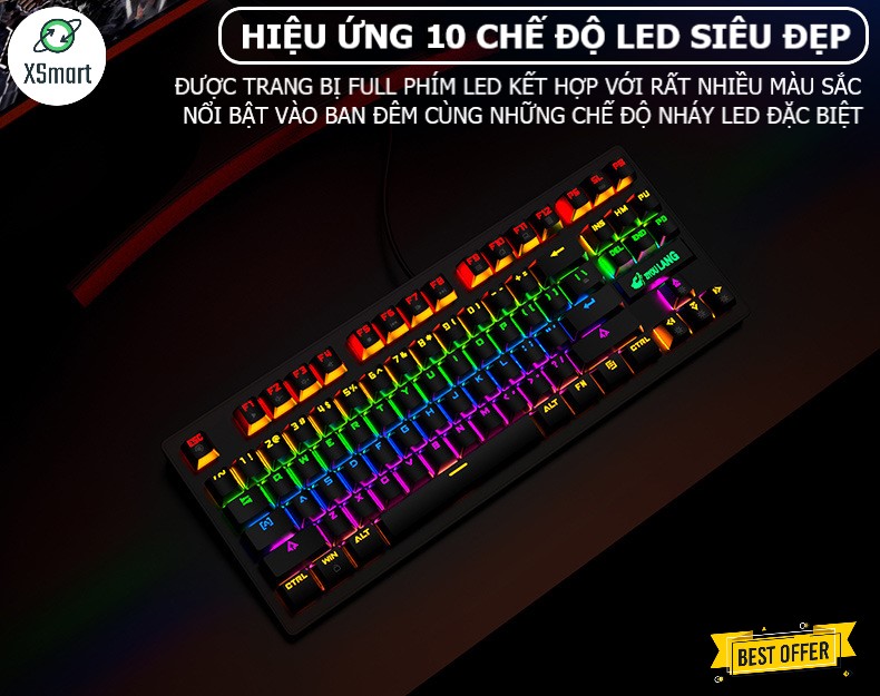 Bộ bàn phím cơ và chuột XSmart có dây đèn LED đổi màu siêu đẹp chơi game làm văn phòng cực đã K2+V7 (Đen) - Hàng Chính Hãng