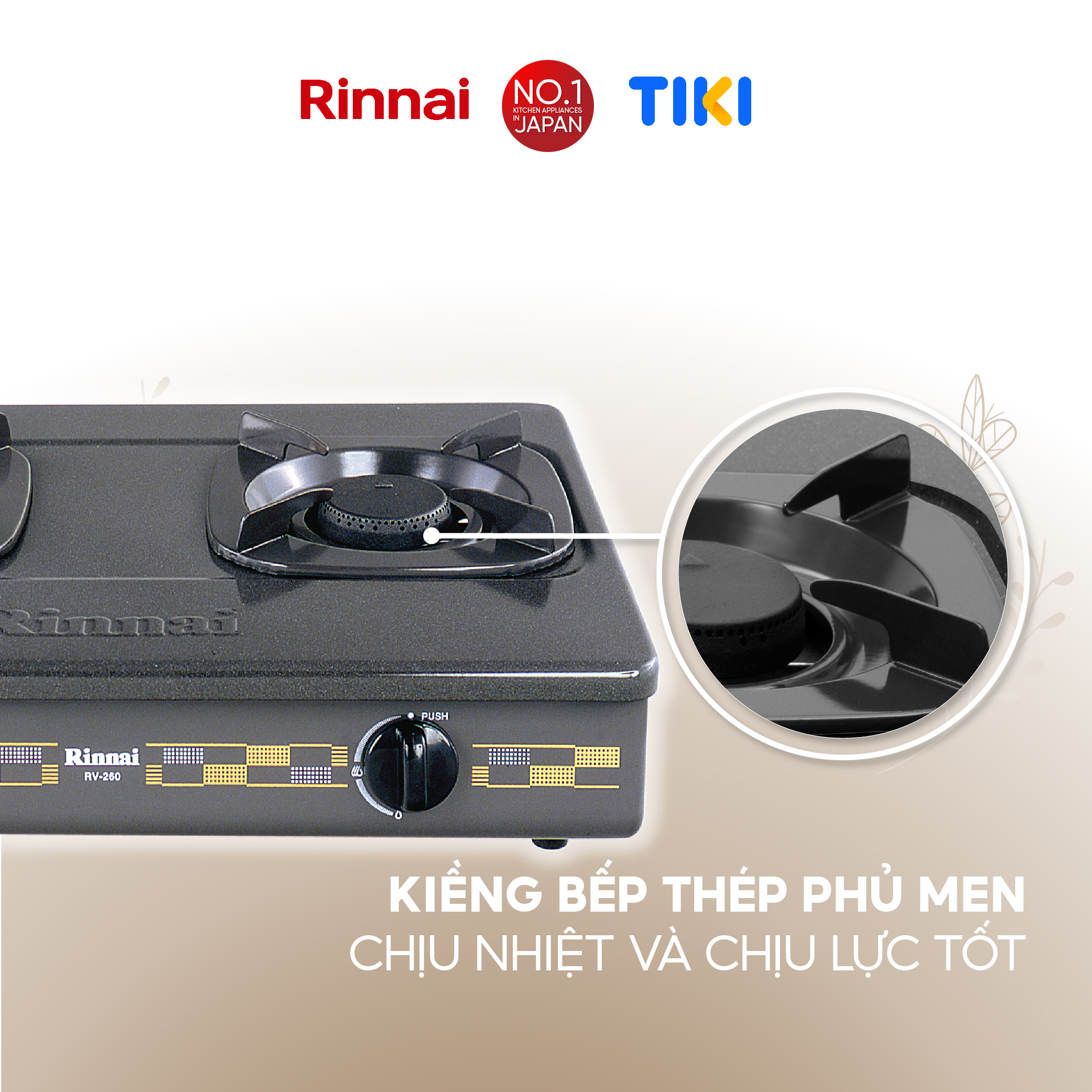 Bếp gas dương Rinnai RV-260(G)N mặt bếp men và kiềng bếp men - Hàng chính hãng