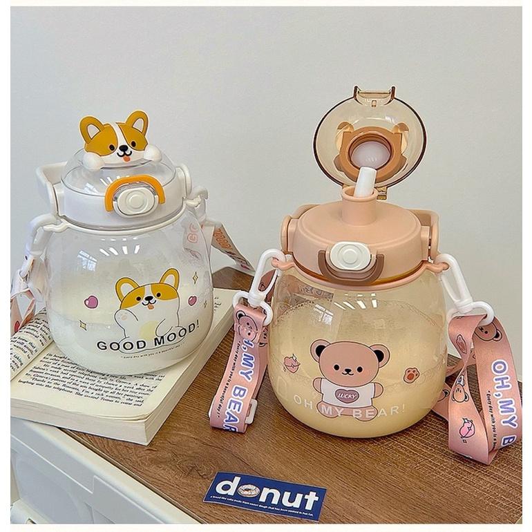 Bình nước hình thú cute mẫu mới 1,3L tặng kèm dây đeo và ống hút - Bình đựng nước hoạt hình dễ thương cho bé có quai đeo