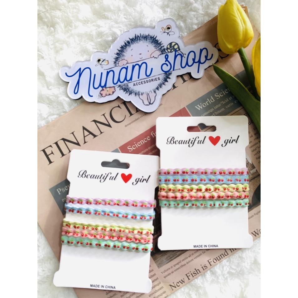 Set 5 - Thun buộc tóc gợn sóng thêu quả cherry đủ màu siêu bền - Nunam shop