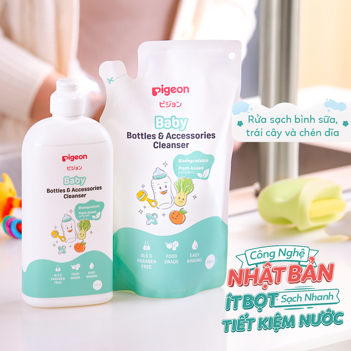 Nước Rửa Bình Sữa Và Phụ Kiện Pigeon Gốc Thực Vật 500ml/450ml