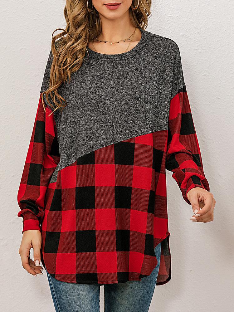 Fashion Women Sweatshirt Plaid Splicing O-Neck Long Sleeve Pullover Rounded Hem Loose Fit Casual Tunic Tops