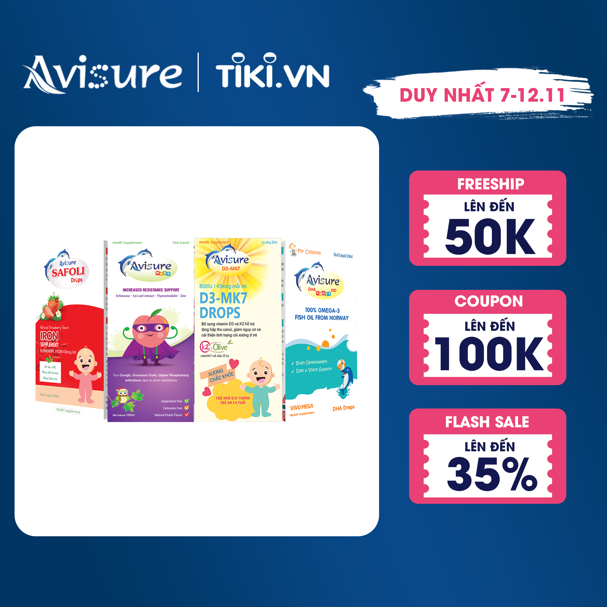 Bộ ba Avisure D3MK7, Avisure DHA smart Kid, Avisure Safoli Drop, Avisure muno bổ sung D3, DHA, Sắt tinh khiết, Kẽm tự nhiên cho bé