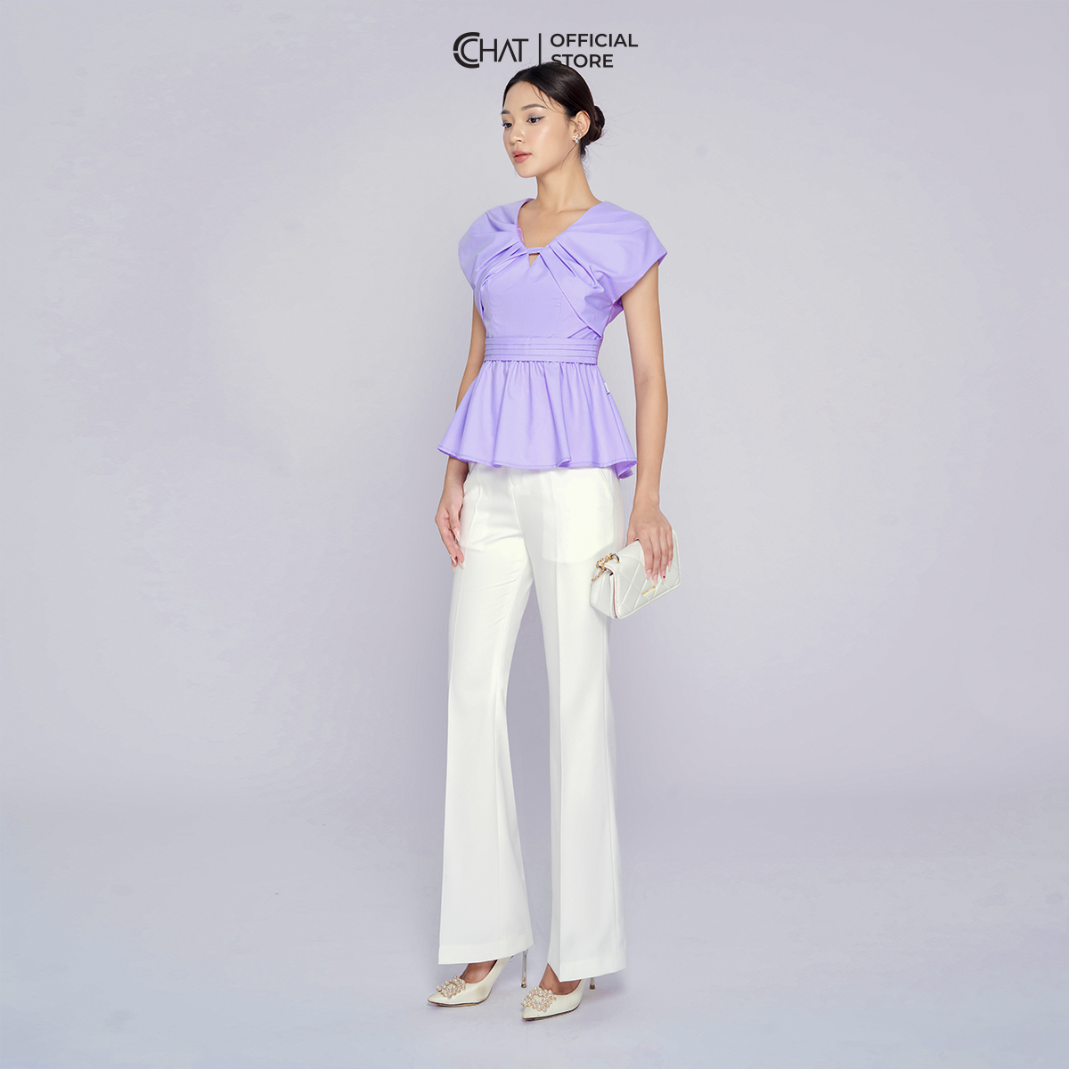 Áo Kiểu Nữ Chờm Vai Cổ V Dáng Peplum Chất Voan Cao Cấp 13ANV2011PT