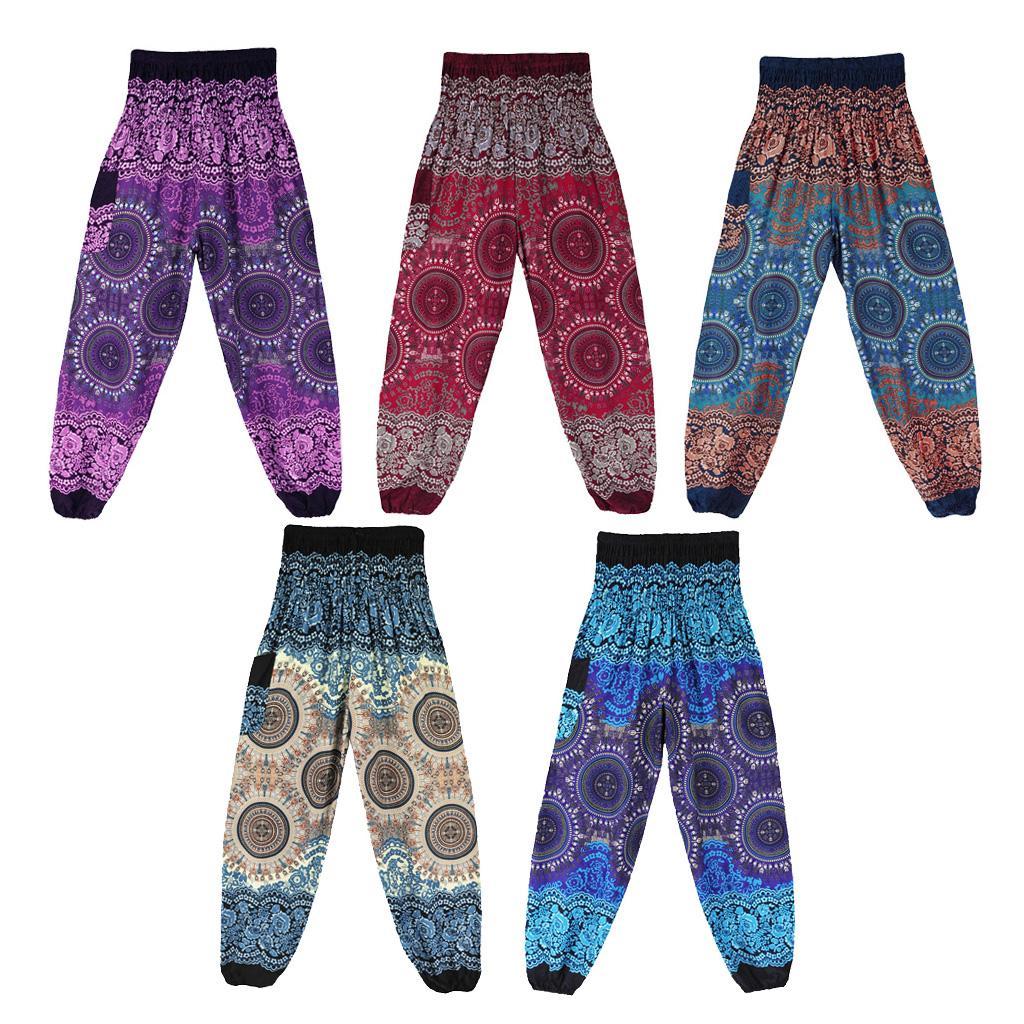 Women Smocked Waist Floral Rayon Yoga Boho Harem Pants, Breathable and White