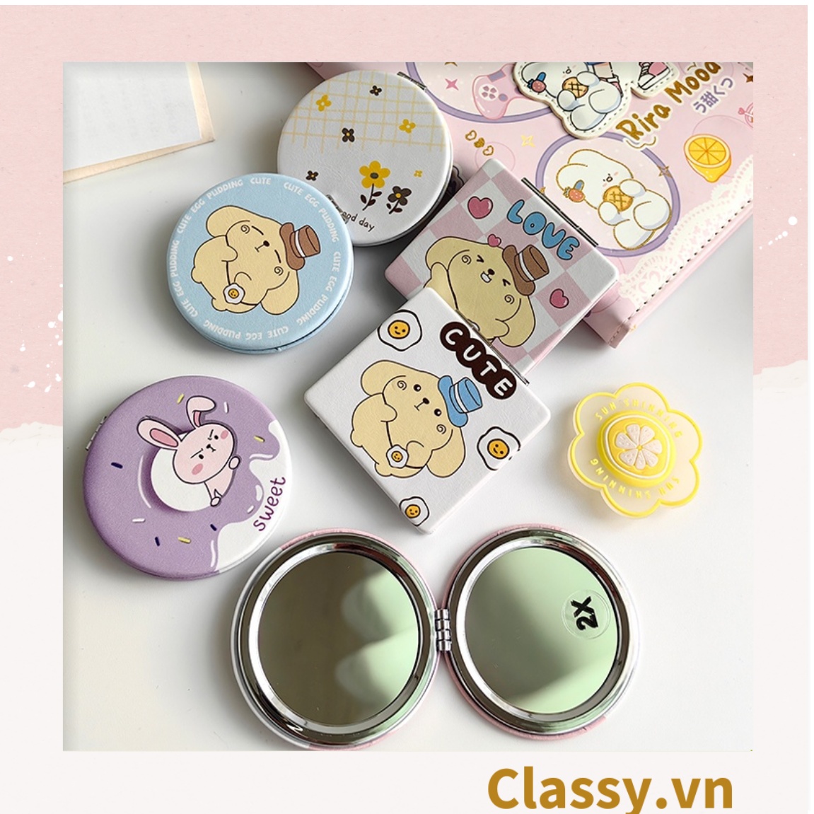 Gương trang điểm cầm tay mini 2 mặt bỏ túi, Gương cầm tay mini Hàn Quốc siêu cute, Gương hoạt hình PK570