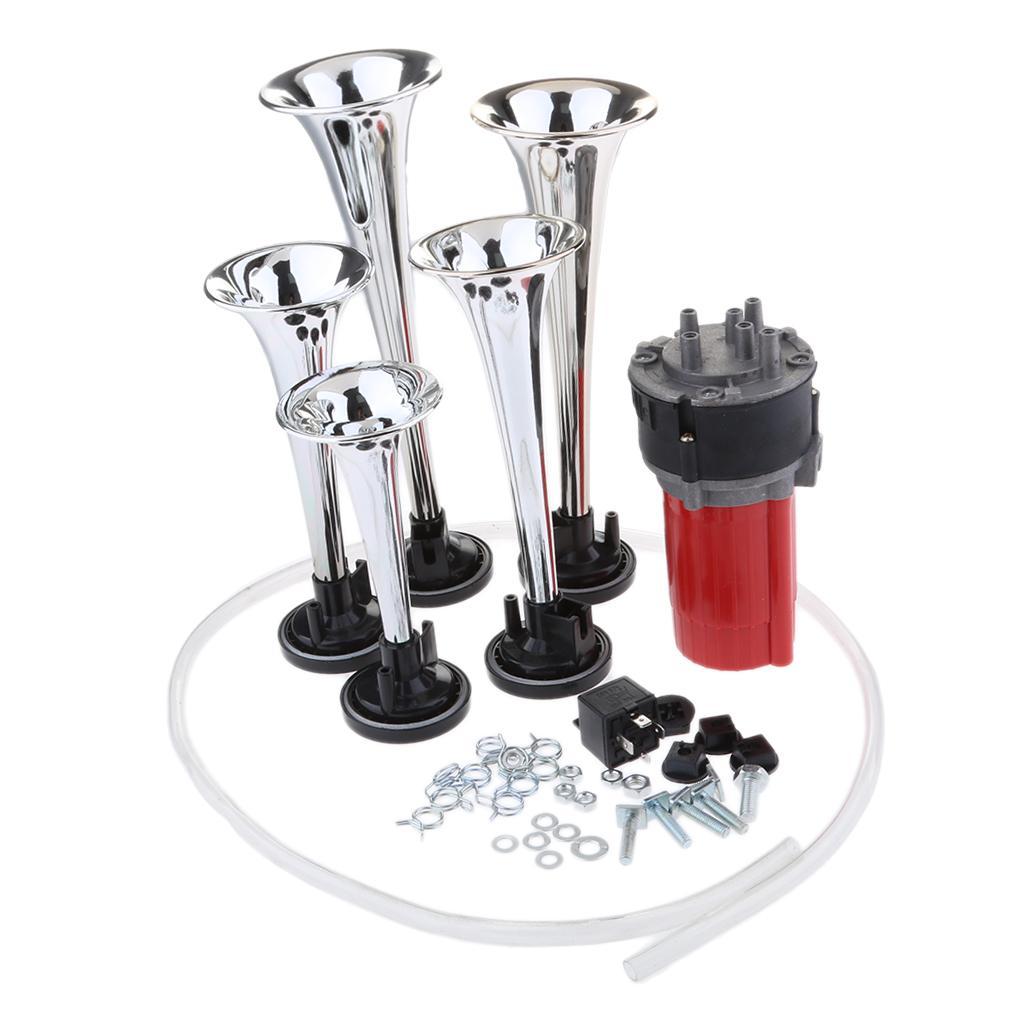 12V/24V 125db Air Horn, Zinc 5 Trumpet Air Horn with Motor for 12V 24V Cars Van