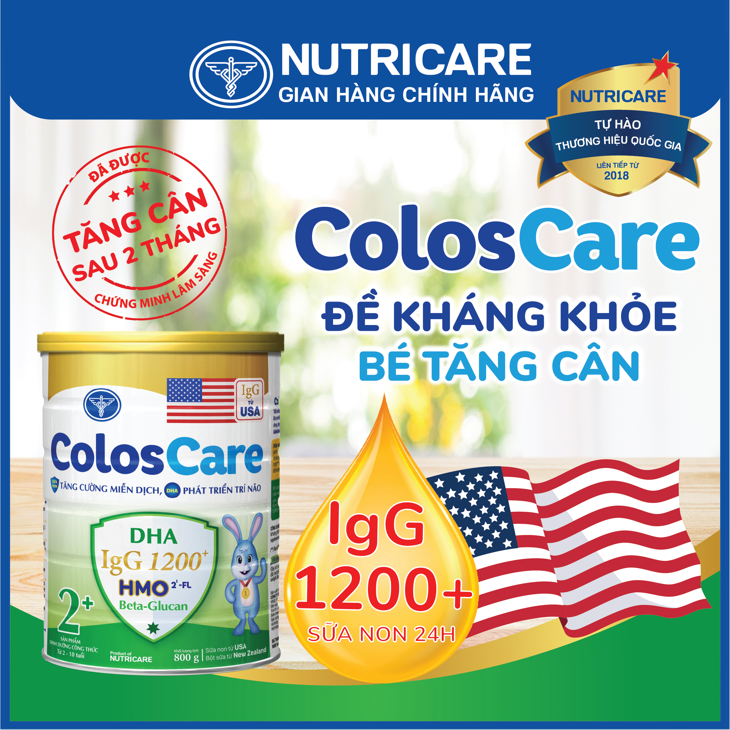 [Tặng 2 lọ yến] Sữa bột Nutricare ColosCare 2+ tăng cường hệ miễn dịch (800g)