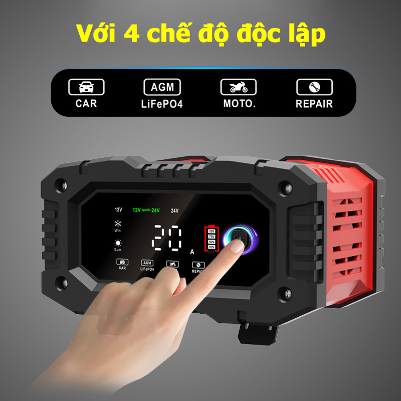Sạc bình ắc quy 12V 24V 6Ah - 300Ah FOXSUR FPT-200 20A sạc bình ô tô xe máy xe tải pin sắt LiFePO4 tự ngắt