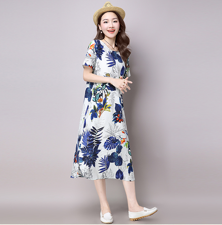 Đầm Linen suông nữ cổ tròn ngắn tay, Váy trung niên nữ dáng dài hoạ tiết hoa xinh trẻ trung cho nữ Đũi Việt