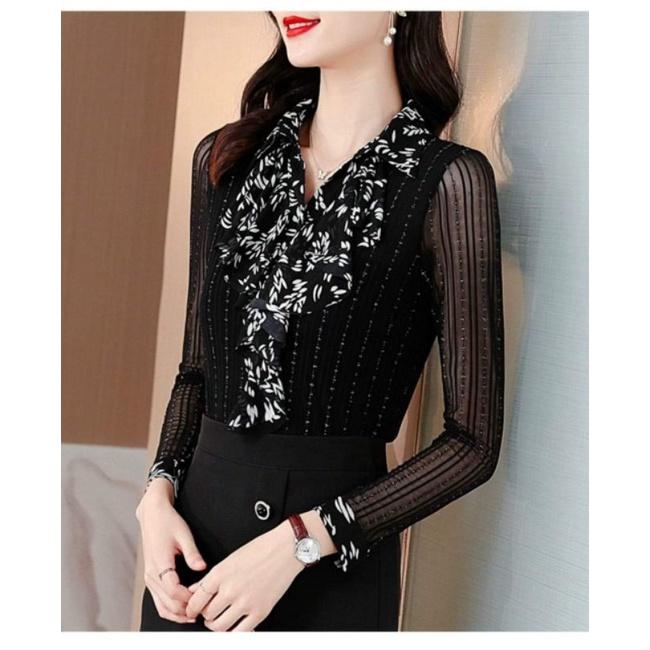 HÀNG NHẬP - ÁO KIỂU THUN LƯỚI CỔ PHỐI VOAN HOA