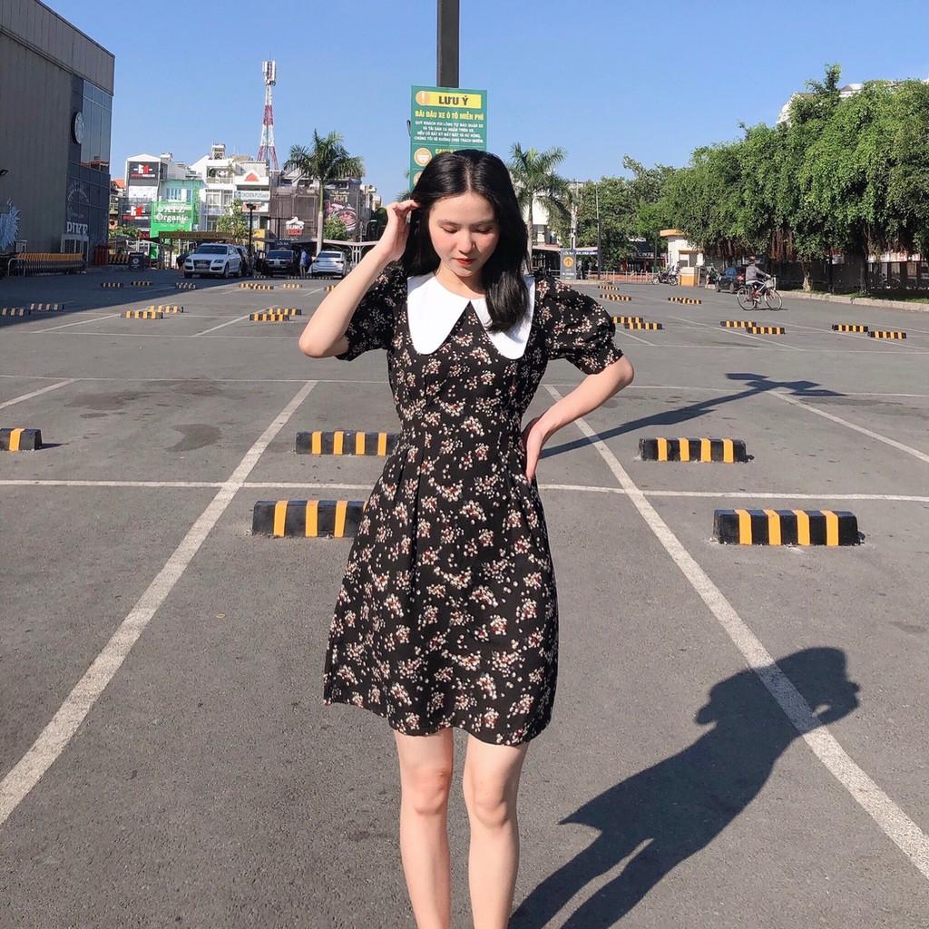 ĐẦM HOA NHÍ CỔ TRÒN PHỐI TRẮNG DÁNG XÒE TAY LỠ-hình thật shop chụp