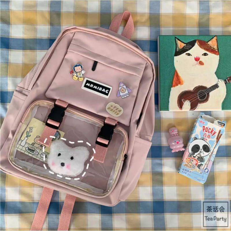 Balo Ulzzang Hàn Quốc học sinh đi học đi chơi ngăn Mica trong suốt phối lưới nam nữ, balo đi học, đựng laptop