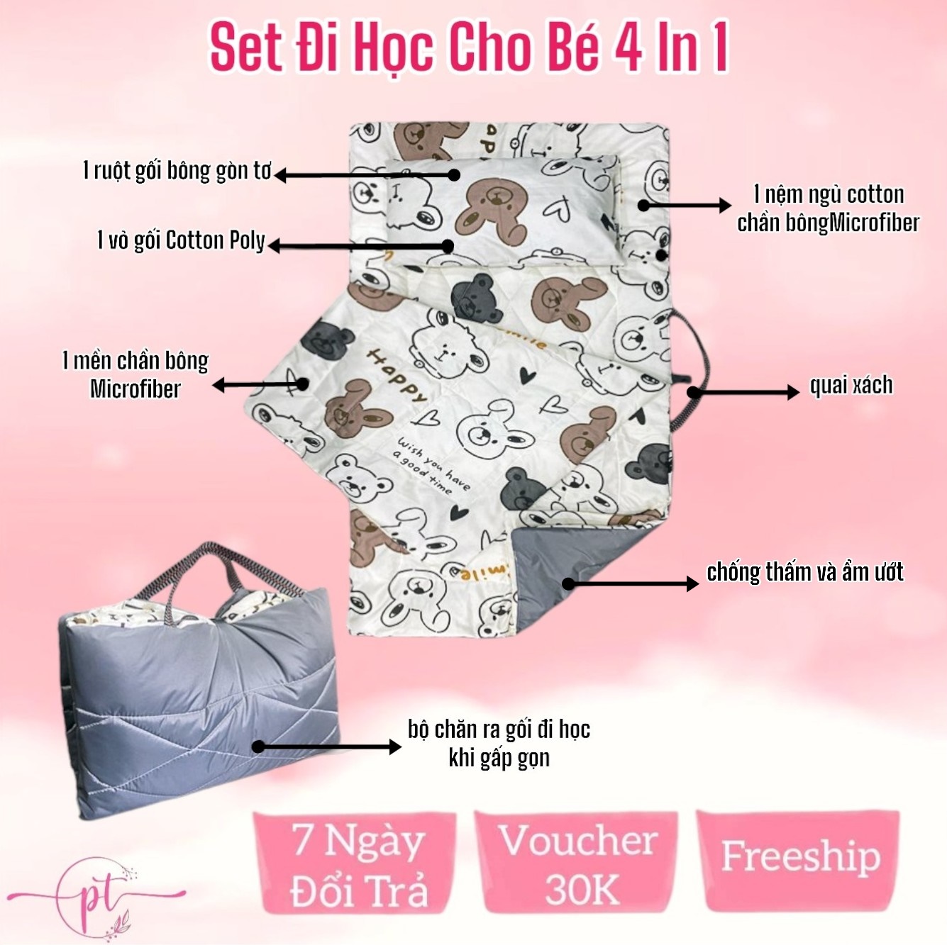 Set Đi Học Cho Bé Chống Thấm Gấp Gọn 4 Trong 1 Tiện Lợi Size 70x120cm Hoặc 70x140cm - Giao Màu Ngẫu Nhiên