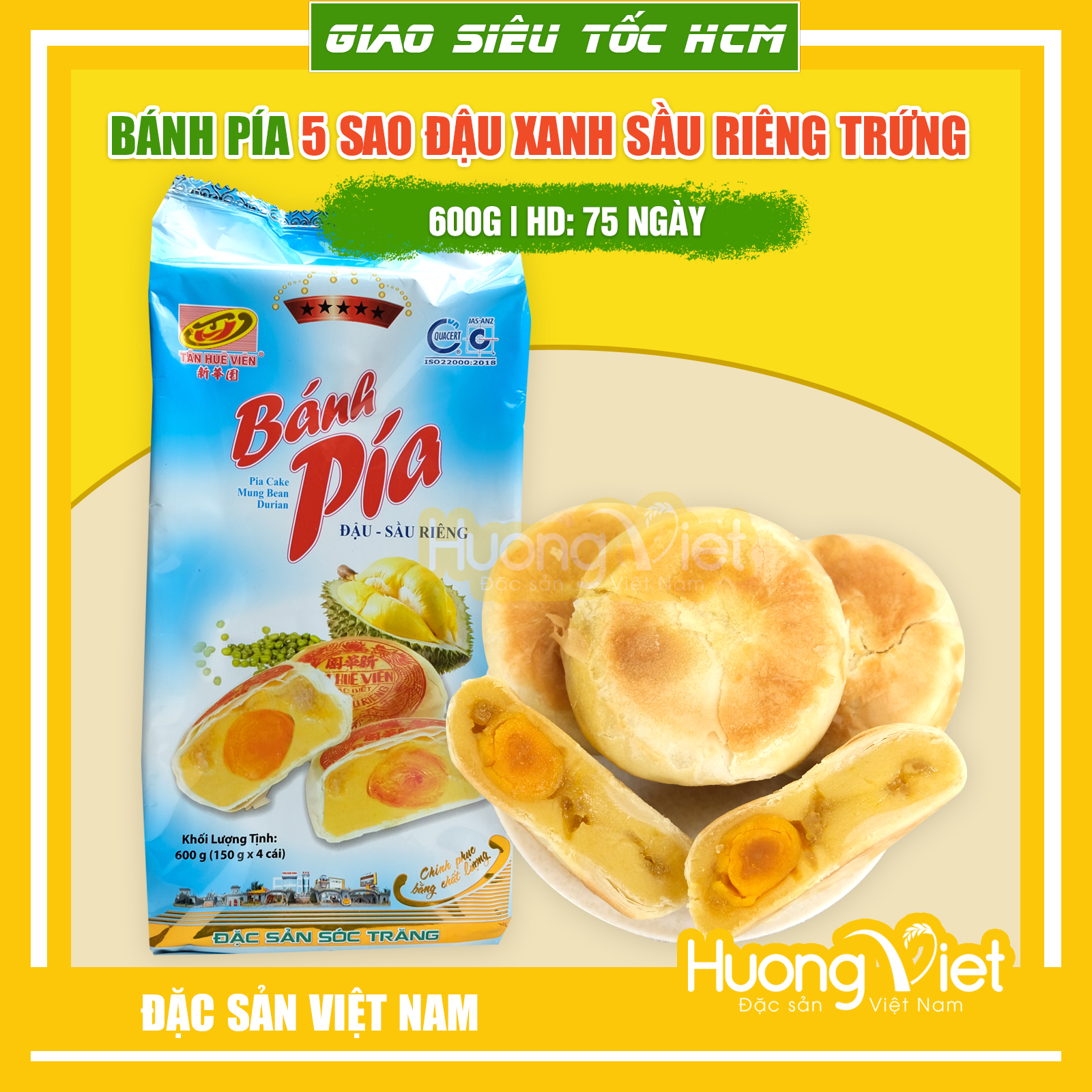 Đặc Sản Sóc Trăng - Bánh Pía Sóc Trăng Đậu Xanh Sầu Riêng Trứng Tân Huê Viên 600G, Bánh Pía Tân Huê Viên 5 Sao 1 Trứng