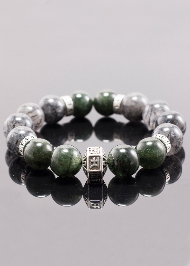 Vòng tay đá thạch anh tóc xanh phối thạch anh tóc đen charm lục tự  Ngọc Quý Gemstones