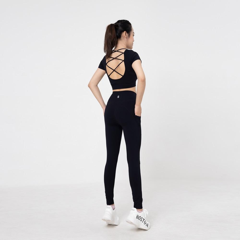 Set đồ tập thể thao gym, yoga nữ áo croptop đan dây phối quần legging nâng mông - S210501