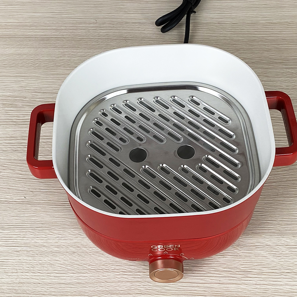 Nồi lẩu điện 3L Greencook GCEH233 thiết kế lòng nhôm đúc rời mâm nhiệt dễ vệ sinh, có khay hấp inox - Hàng chính hãng