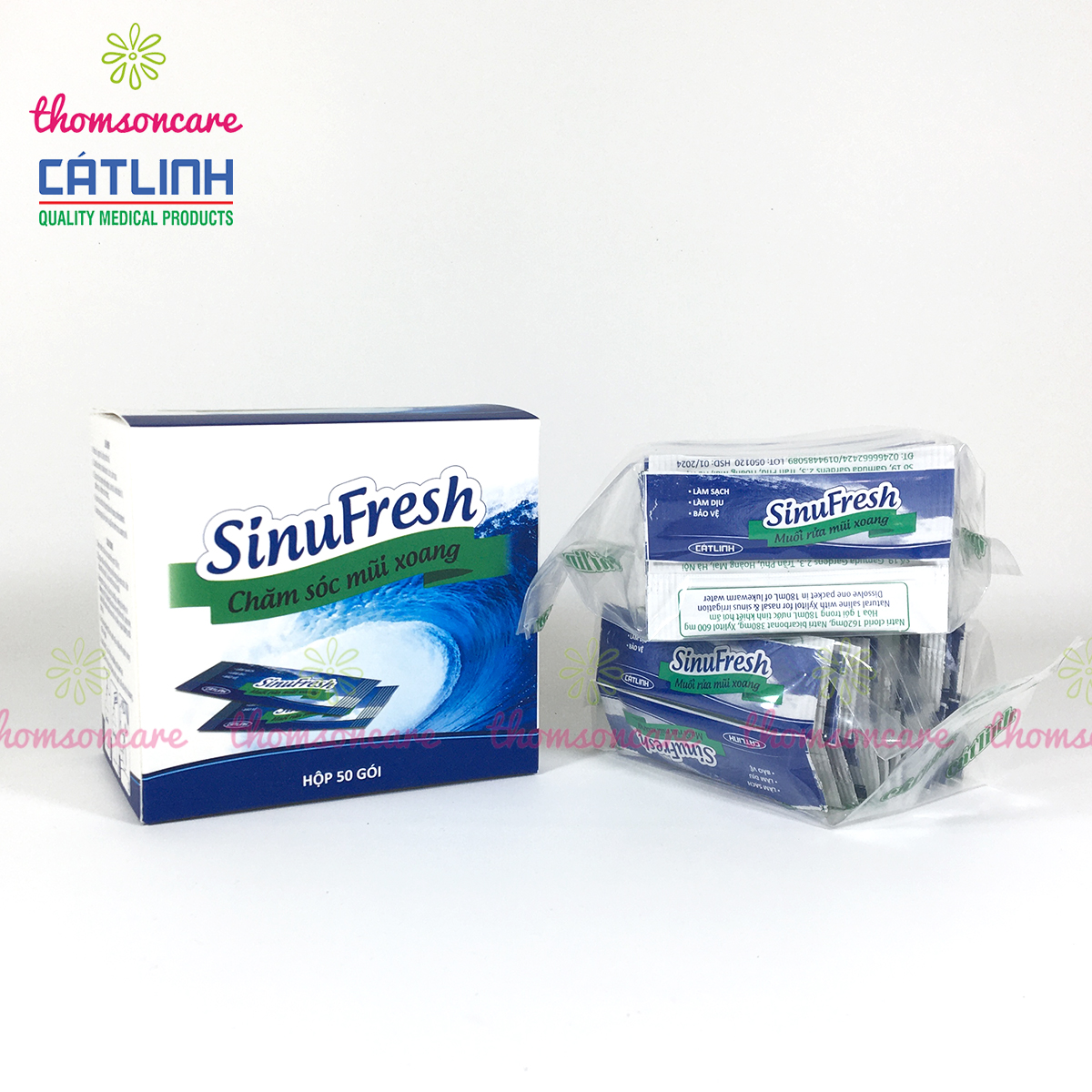 Muối biển rửa mũi Sinufresh của Cát Linh - Hộp 50 gói - Giảm khô, đau, hết ngạt, chảy nước mũiii, xoang