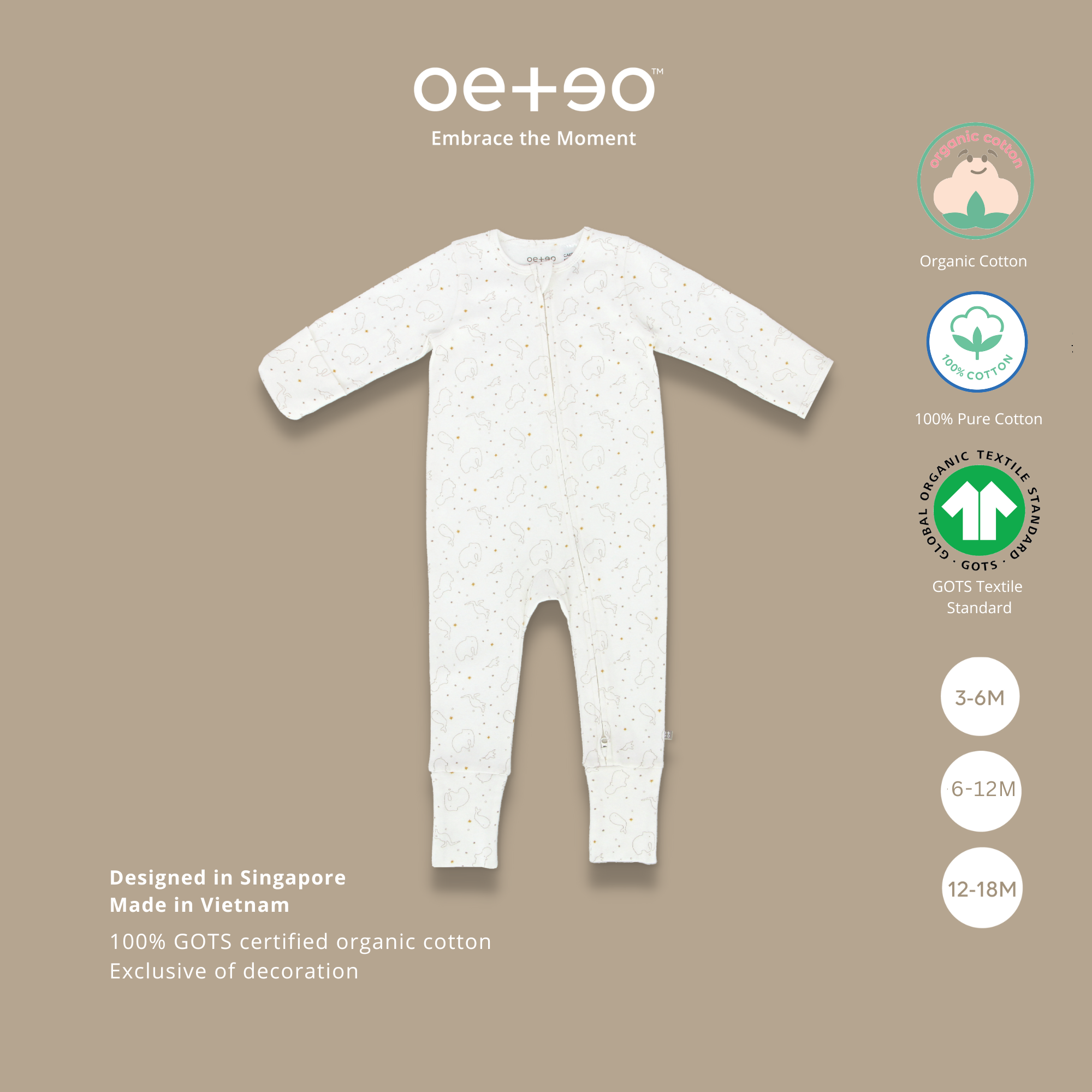 Áo liền quần bé trai bé gái 3 - 18 tháng vải cotton in hình động vật dễ thương TJMP1-1559 | OETEO Whole New World