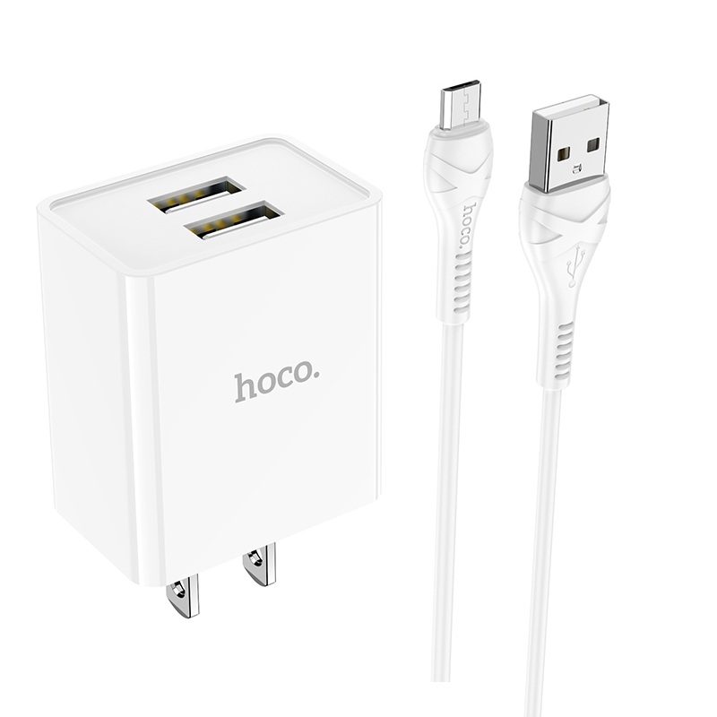 Bộ sạc nhanh 2.1A Hoco C89 chuôi dẹt 2 cổng Usb kèm dây sạc Micro dài 1M cho Android - Hàng chính hãng