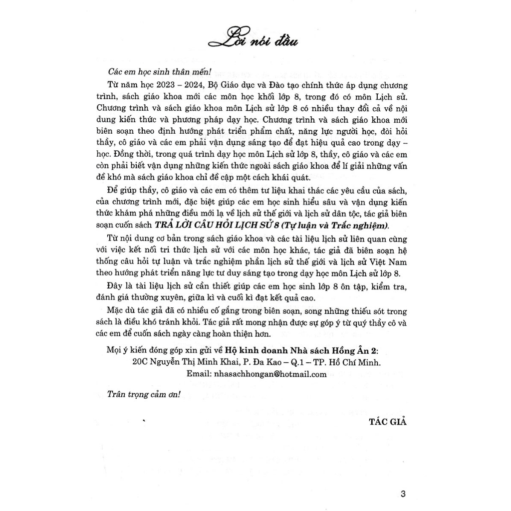 Trả Lời Câu Hỏi Lịch Sử 8 - Tự Luận Và Trắc Nghiệm (Dùng Chung Cho Các Bộ SGK) - HA