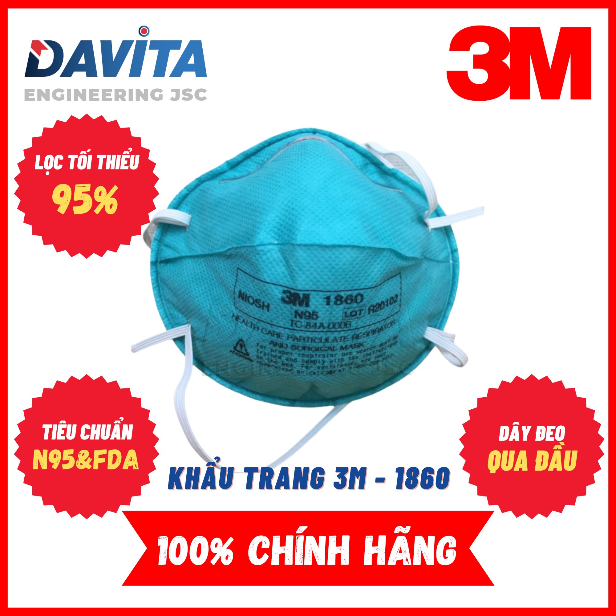 Khẩu trang 3M Aura 1860 N95, bảo vệ hô hấp, dùng được trong y tế