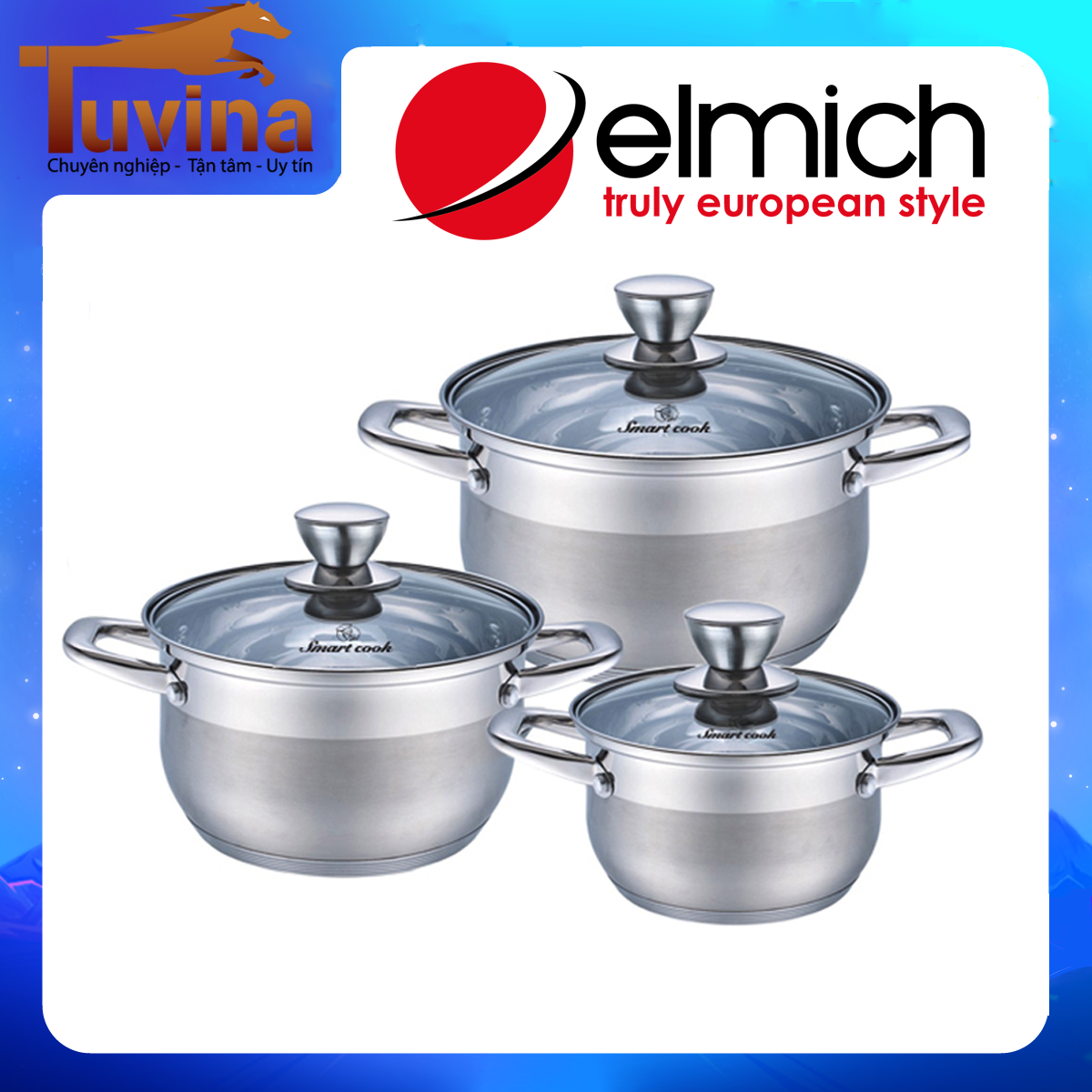 Bộ nồi inox cao cấp 5 đáy Smartcook (Elmich) 3 chiếc cỡ 16cm, 20cm, 24cm EL3337 - Hàng chính hãng - Xuất xứ Cộng Hòa Séc