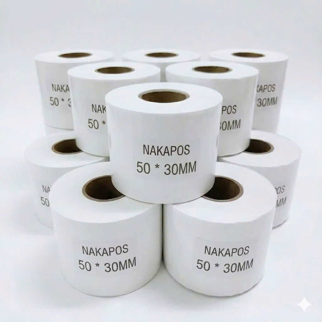 Giấy Decal nhiệt 50x30 mm x 30m, Decal Trà sữa 50x30 mm x 30m, Giấy in mã vạch tem nhãn, tem phụ 50x30 mm x 50m
