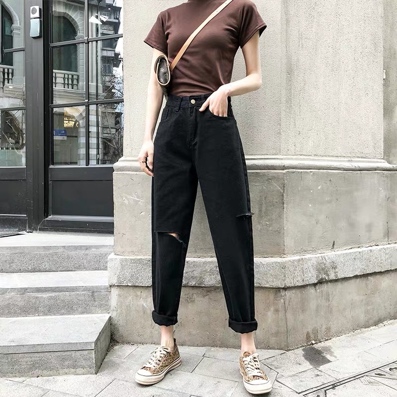 QUẦN JEAN NỮ BAGGY ỐNG RỘNG MÀU ĐEN TUYỀN VẢI MỀM KHÔNG CO DÃN