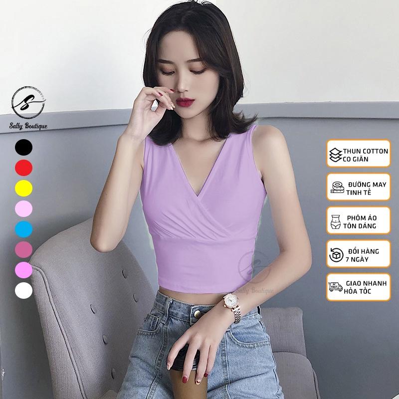 Áo Croptop Sát Nách Cổ Đắp Chéo Quyến Rũ Ôm Body Tôn Dáng Vải Cotton Co Giãn Nhiều Màu Lựa Chọn Sally Boutique-CRT004