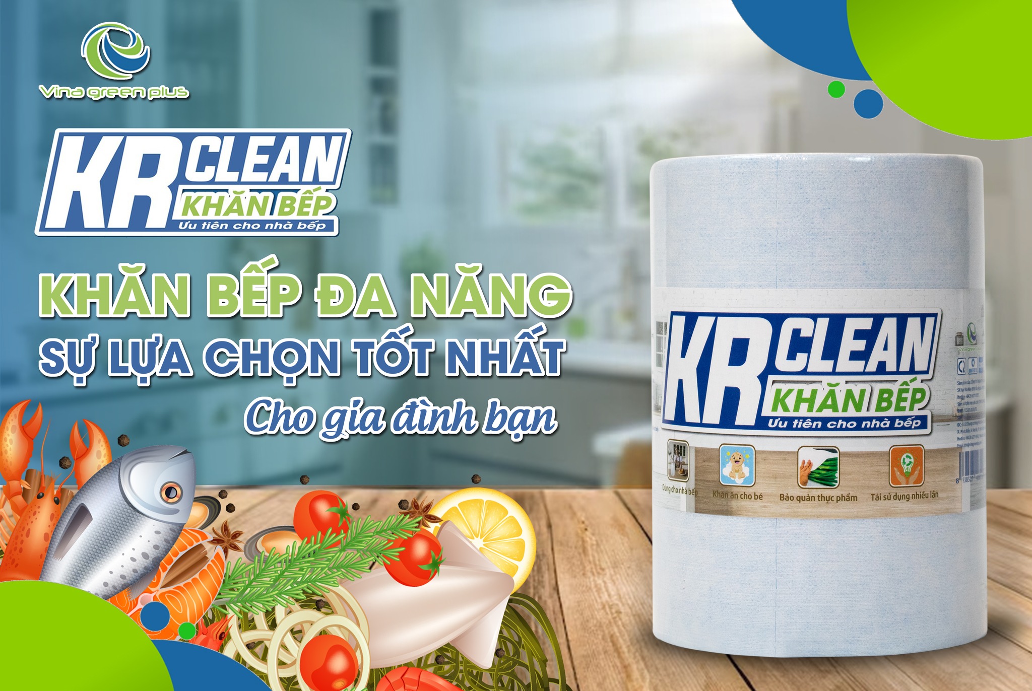 Khăn lau bếp KR Clean Xanh - Cuộn 200 tờ khổ 20x20 - Chất khăn dai mềm, không rã khi gặp nước