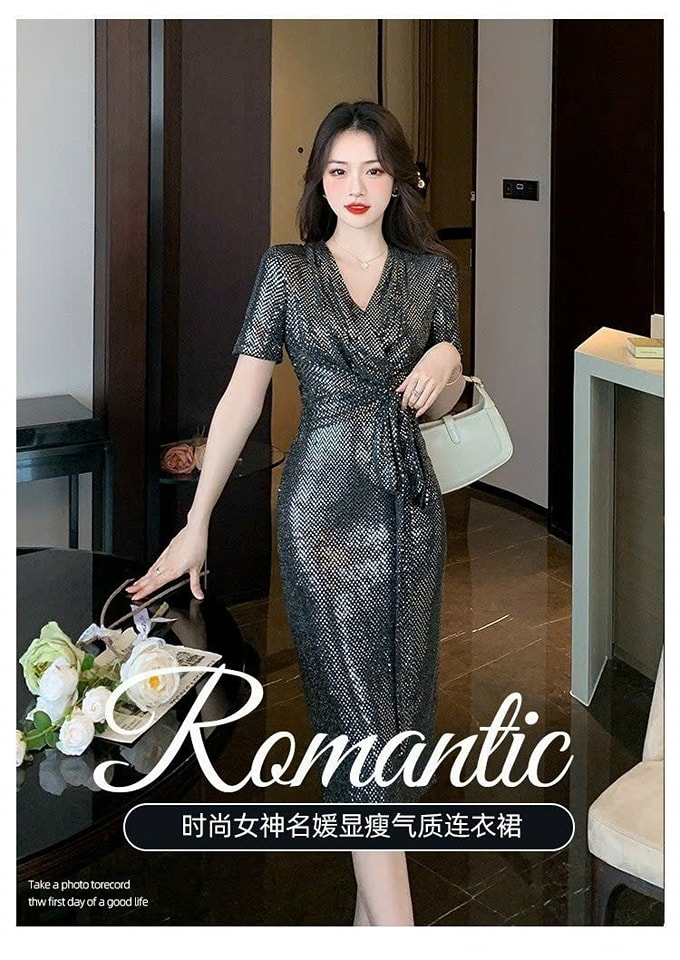 Đầm body thun kim sa cổ V cột nơ sang trọng
