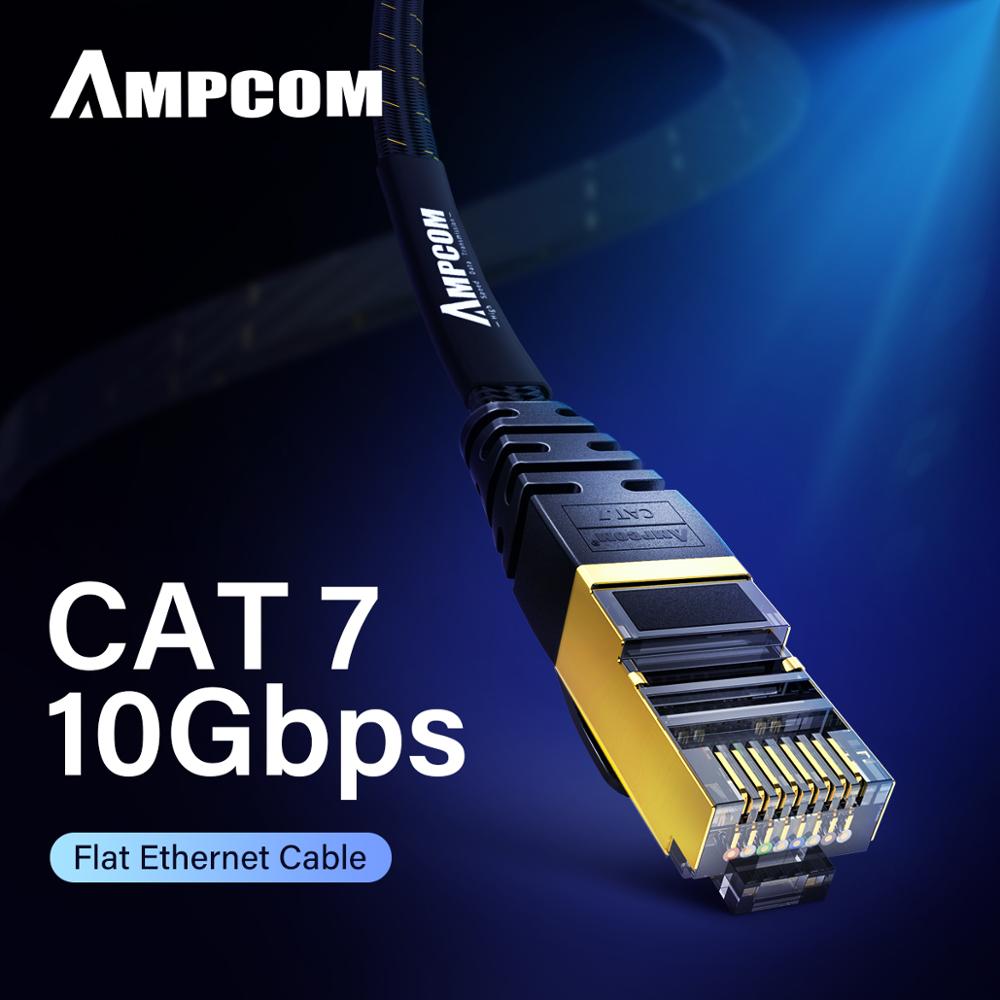 Dây cáp mạng CAT7 AMPCOM 2 đầu bấm sẵn, dạng dẹt, vỏ bện dù, dài 1m-15m - Hàng chính hãng
