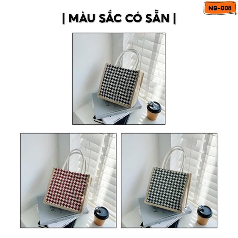 Túi Cói Đi Biển Có Quai Xách Phong Cách Vương Giả Nữ Tính Hoạ Tiết Caro Nhiều Màu Size 21x21cm NB-008
