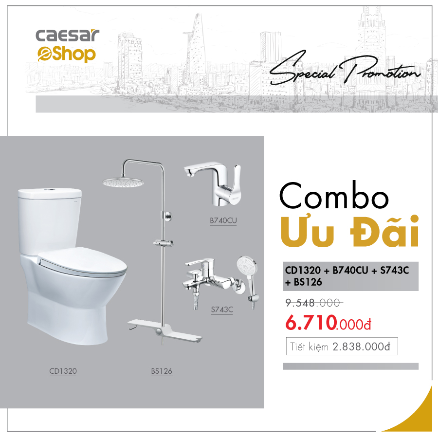 Combo sản phẩm bàn cầu+vòi lavabo+sen tắm+bộ phụ kiện sen tắm đứng - CD1320+B740CU+S743C+BS126