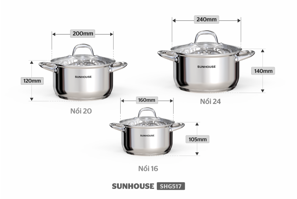 Bộ Nồi Inox 5 Đáy SUNHOUSE SHG517 - Hàng Chính Hãng