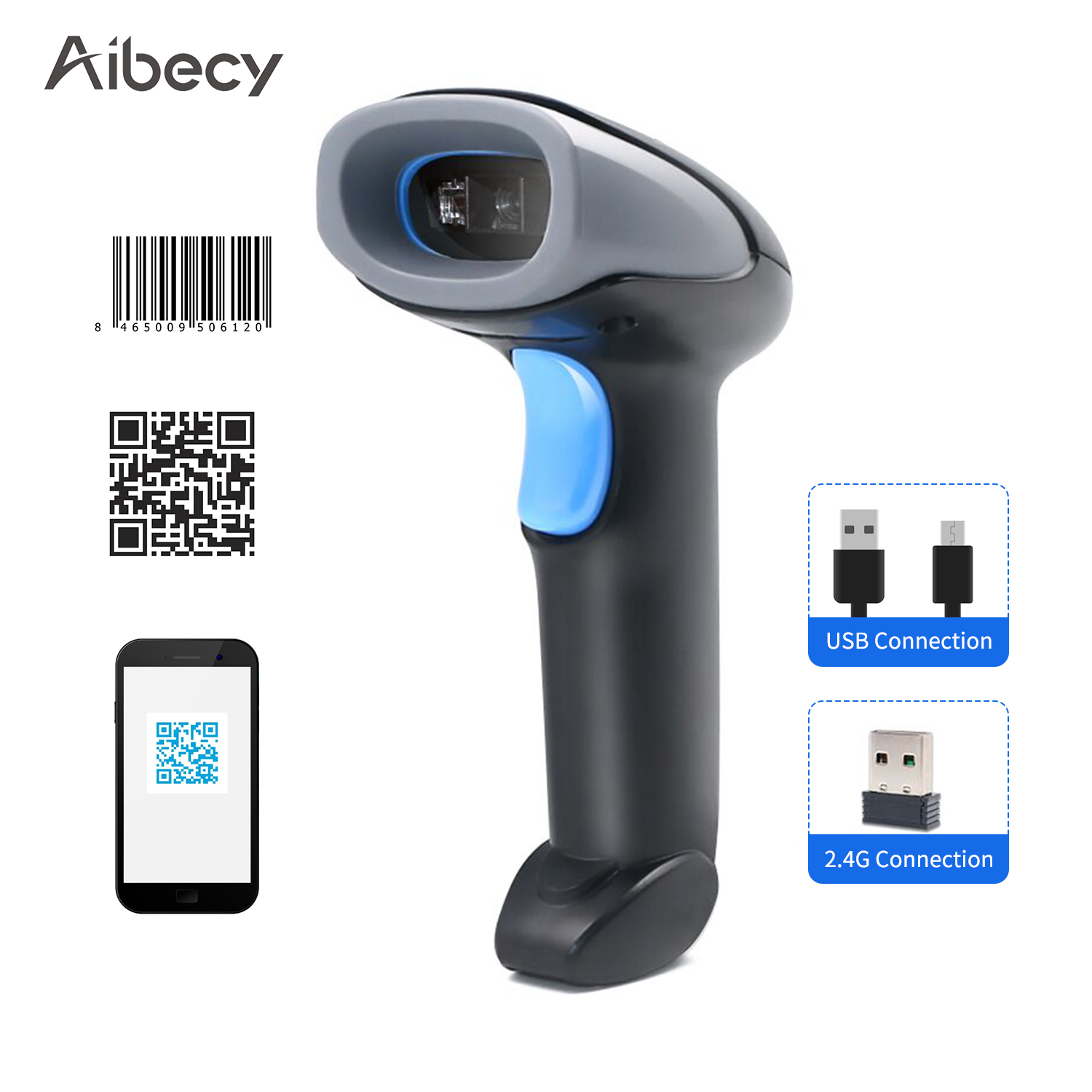 Aibecy Handheld Barcode Scanner 1D/2D/QR Code Scanner 2.4G Wireless & USB Wired Bar Code Reader Compatible with Windows