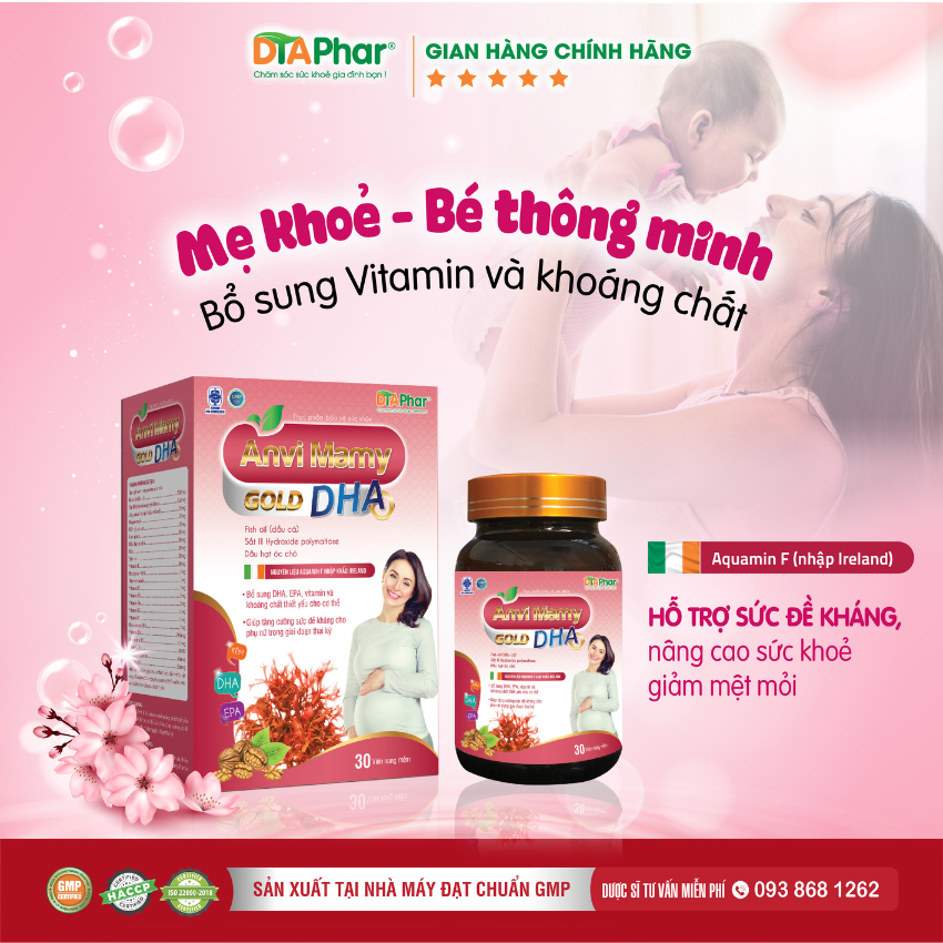 Viên uống mẹ bầu ANVI MAMY GOLD DHA Bổ sung DHA, EPA, Vitamin và khoáng chất bồi bổ sức khoẻ sức đề kháng cho phụ nữ có thai Hộp 30 viên Tâm An Pharma