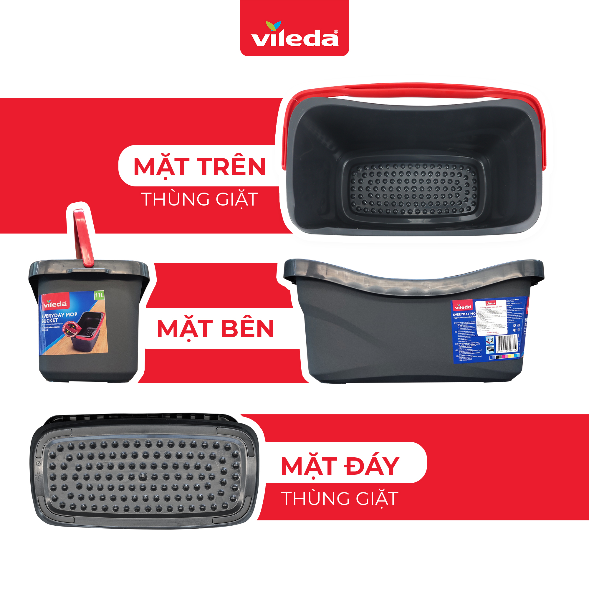 Thùng giặt cây lau nhà VILEDA Everyday Mop Bucket dung tích 11L, phù hợp cây lau tự vắt, bản rộng, chữ nhật - TSU160444