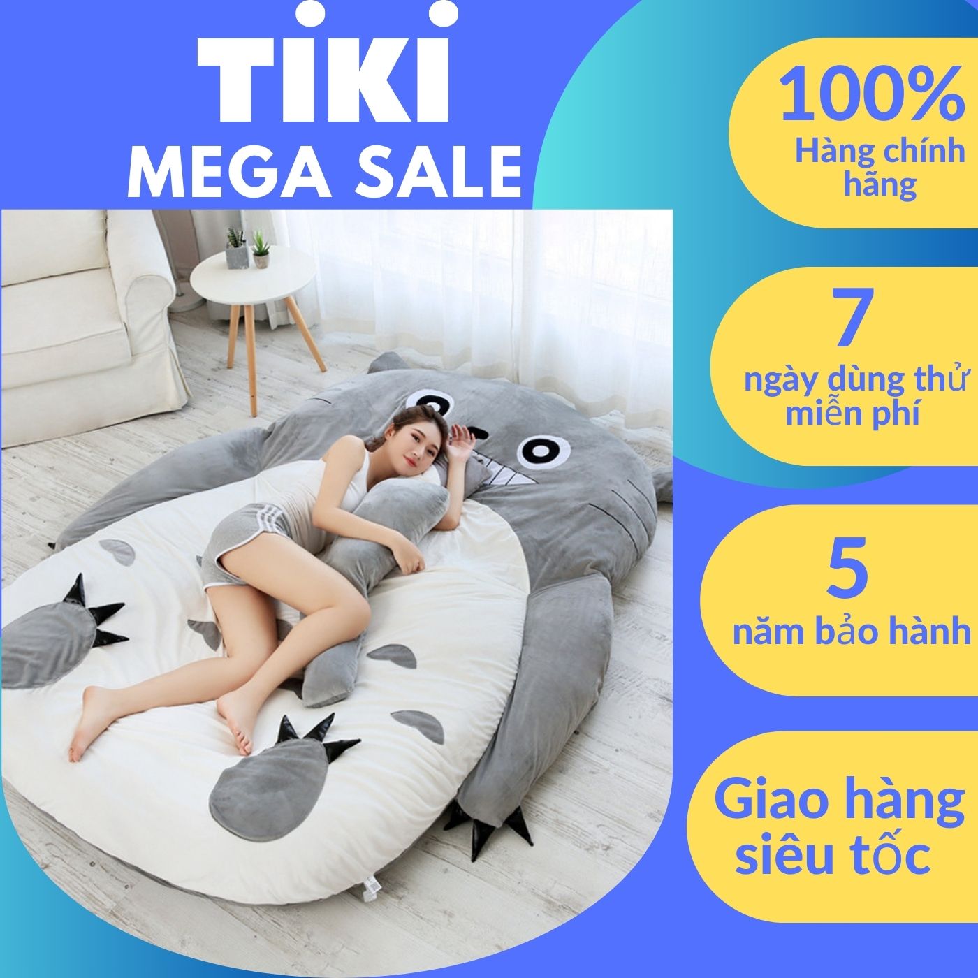 Đệm giường lười thêu hình thú xinh xắn, đệm lười totoro có khóa kéo 2 lớp dễ dàng vệ sinh