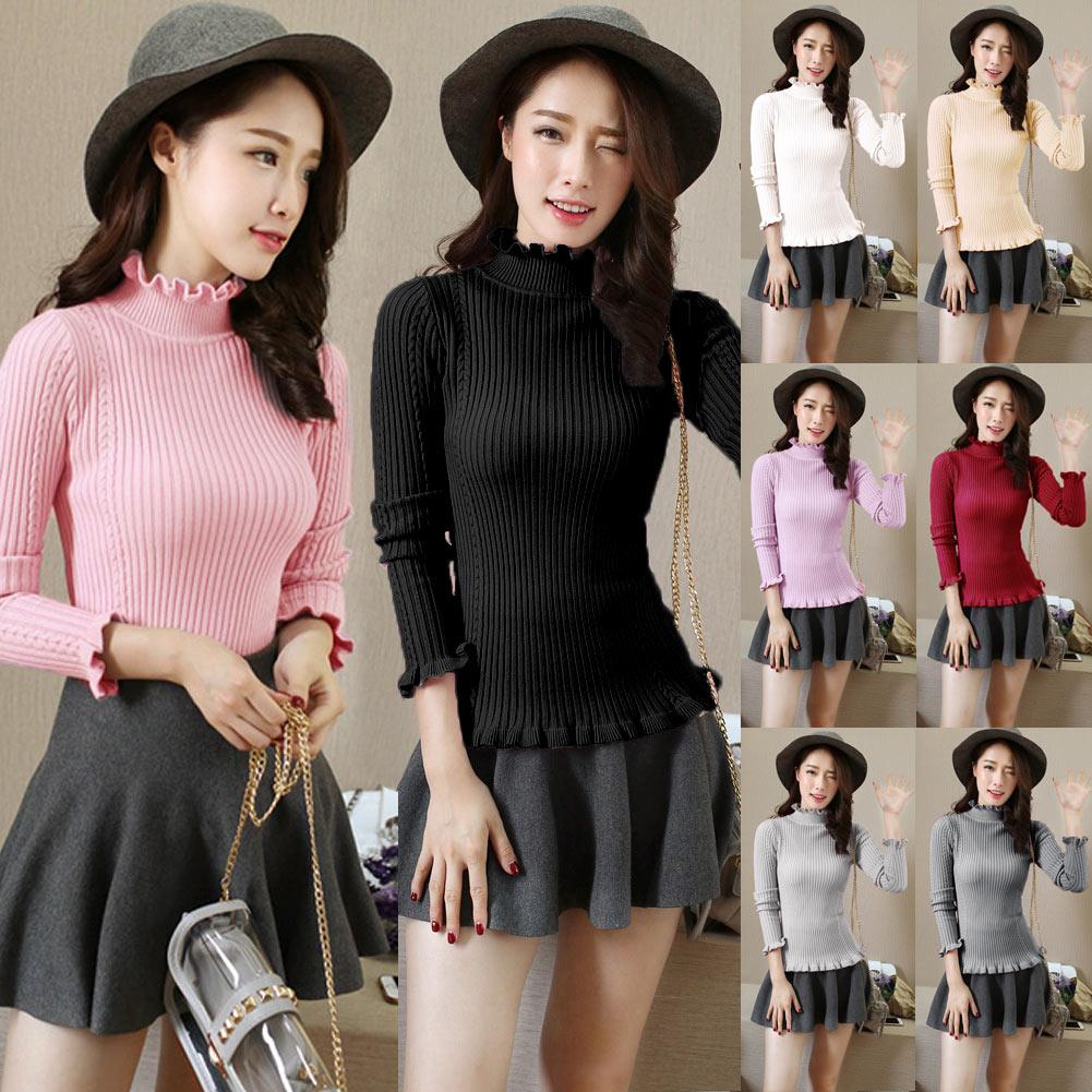 Women Ribbed Knitted Pullover Sweaters Turtle Neck Ruffles Solid Slim Stretchy Jumpers Knitting Top