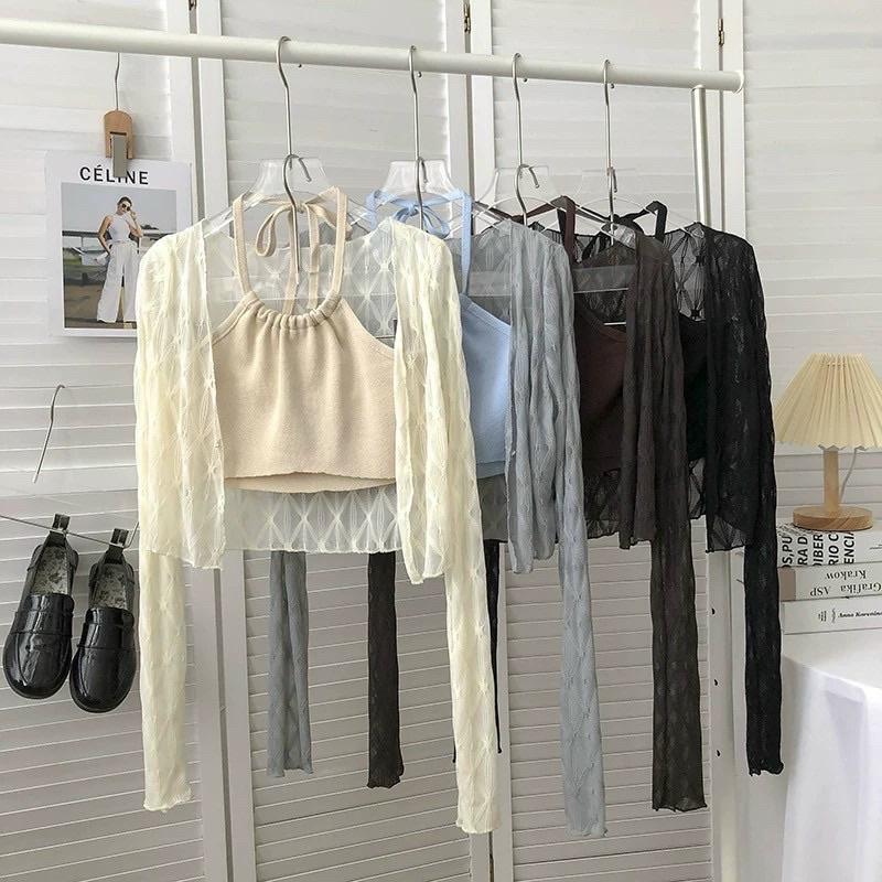 Sét áo kiểu croptop hình trám mix áo 2 dây nâu Quảng Châu
