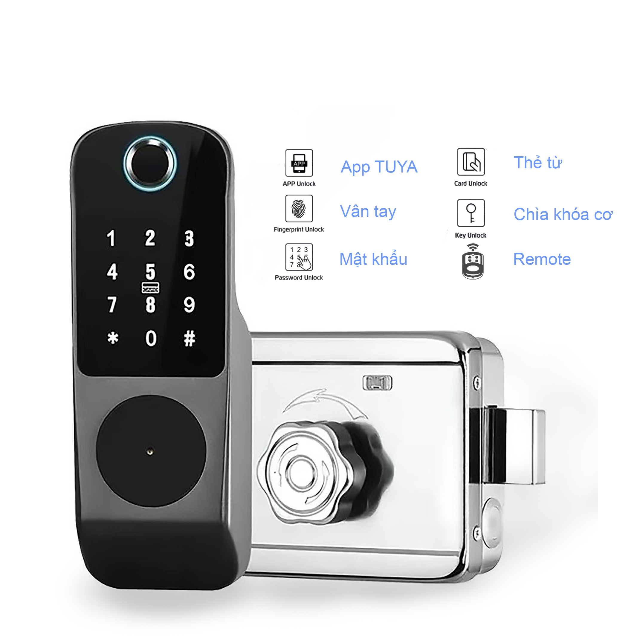 Khóa cổng vân tay chống nước dùng App TUYA và remote