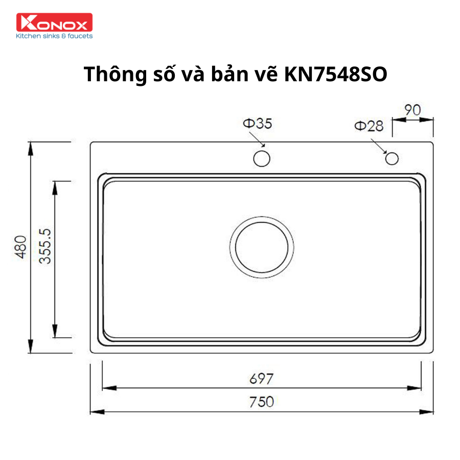 Chậu rửa bát Konox, Overmount Series, Model KN7548SO, Inox 304 cao cấp, 750*480*230mm, Hàng chính hãng