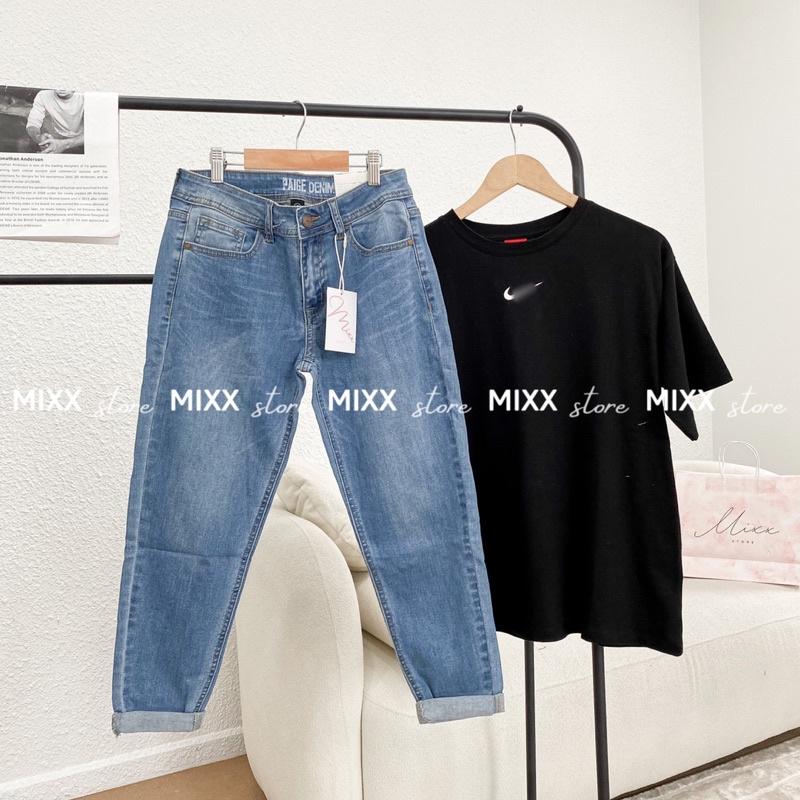 Quần Jean Nữ Baggy Trơn PAIGE DENIM chất dày dặn co giãn thoải mái phom 9 tấc trẻ trung thời trang