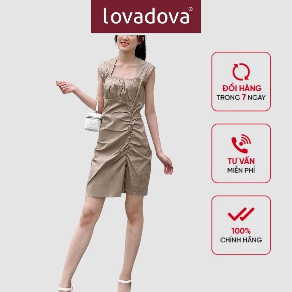 Đầm Dáng Ôm, Cách Điệu Nhún Eo, Khóa Kéo Sau, Màu Nâu - Lovadova 22D06C003