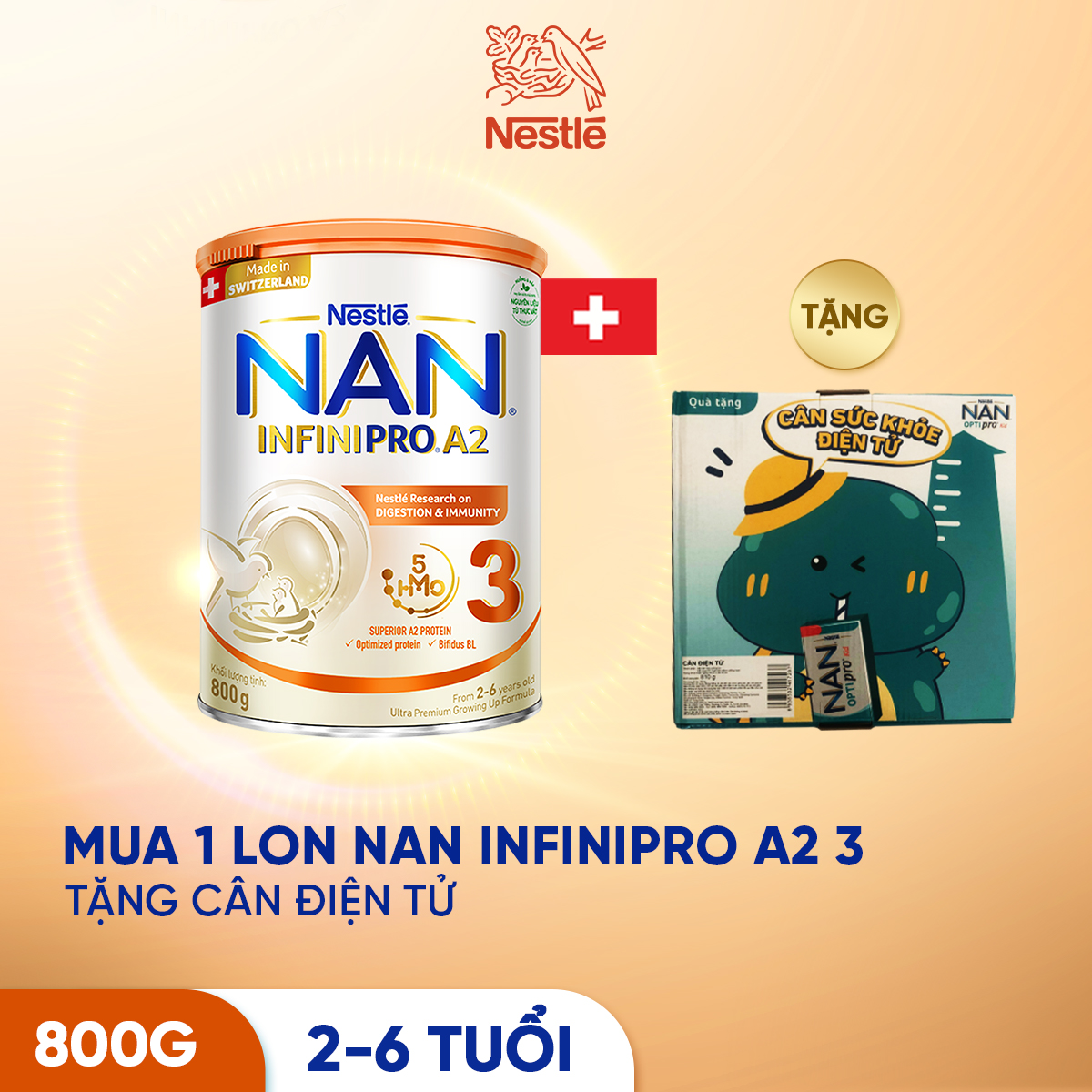 Sản phẩm dinh dưỡng công thức Nestlé NAN INFINIPRO A2 bước 3 800g từ Thụy Sỹ giúp dung nạp tiêu hóa tốt sau 7 ngày - Tặng Cân điện tử