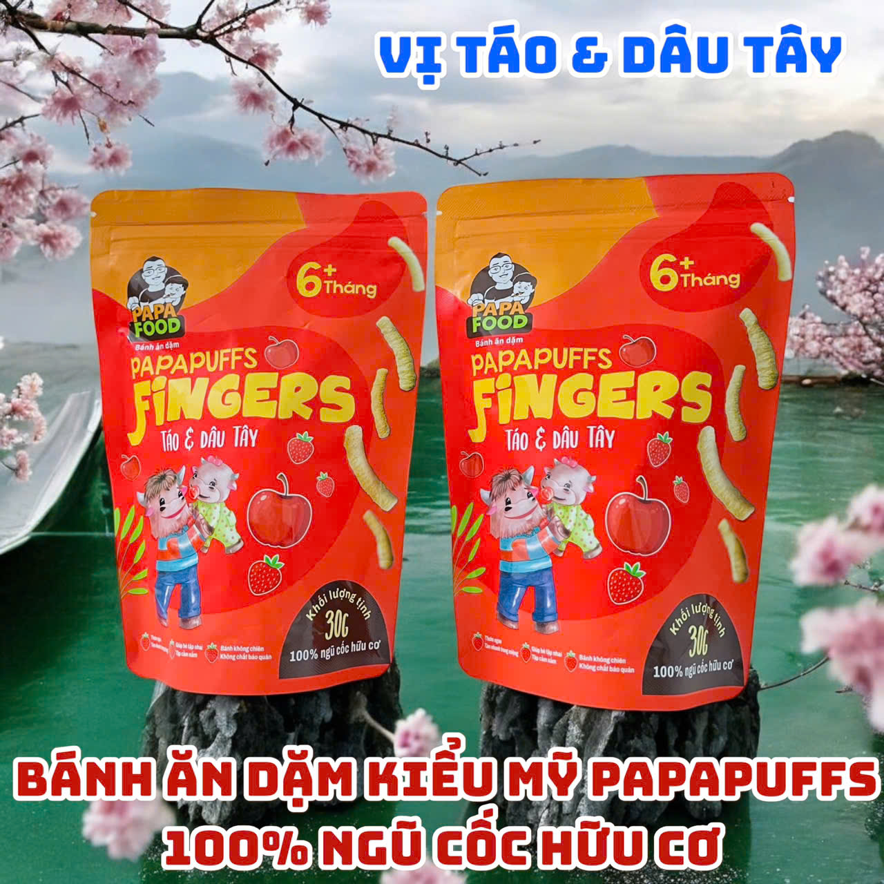Bánh ăn dặm PAPAFOOD PAPAPUFFS Vị Táo &amp; Dâu Tây - 100% Ngũ Cố Hữu Cơ - Gói 30G